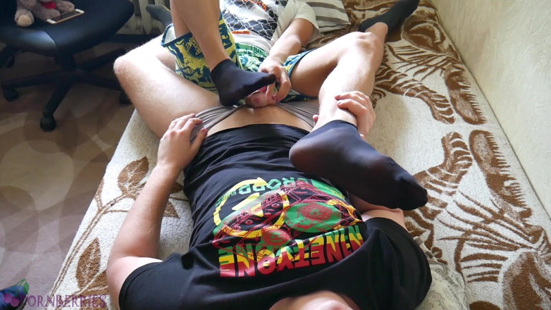 Ethan Alex: Thin, black nylon socks footjob and feet worship