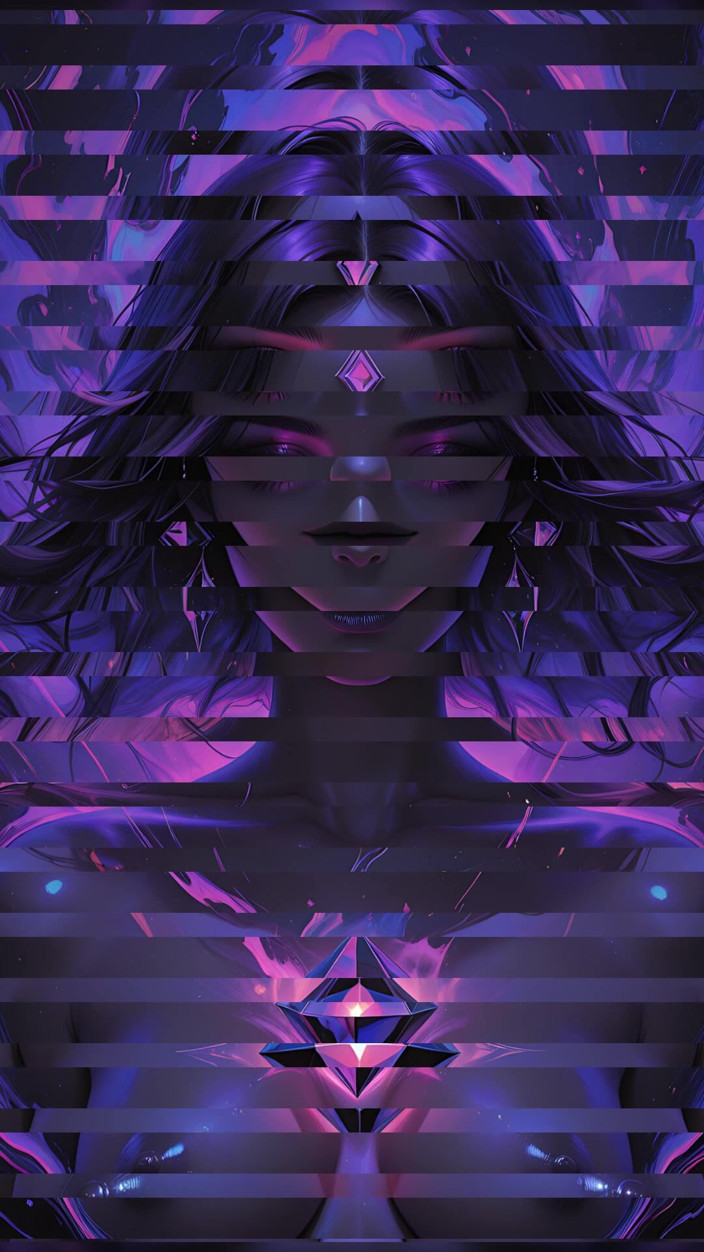 VelvetInk Studio: Mystische kosmische göttin mit glühenden violetten augen, dunkle fantasie-ai-kunst-diashow