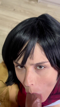 Mikasa Cosplay BJ - snuskigt samtal &sperma på tungan