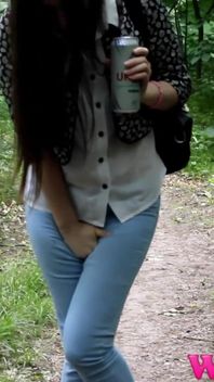 Skinny Brunette Full Bladder Pee Desperation and Pushing Her Pussy to Stop Her Pee in the Forest