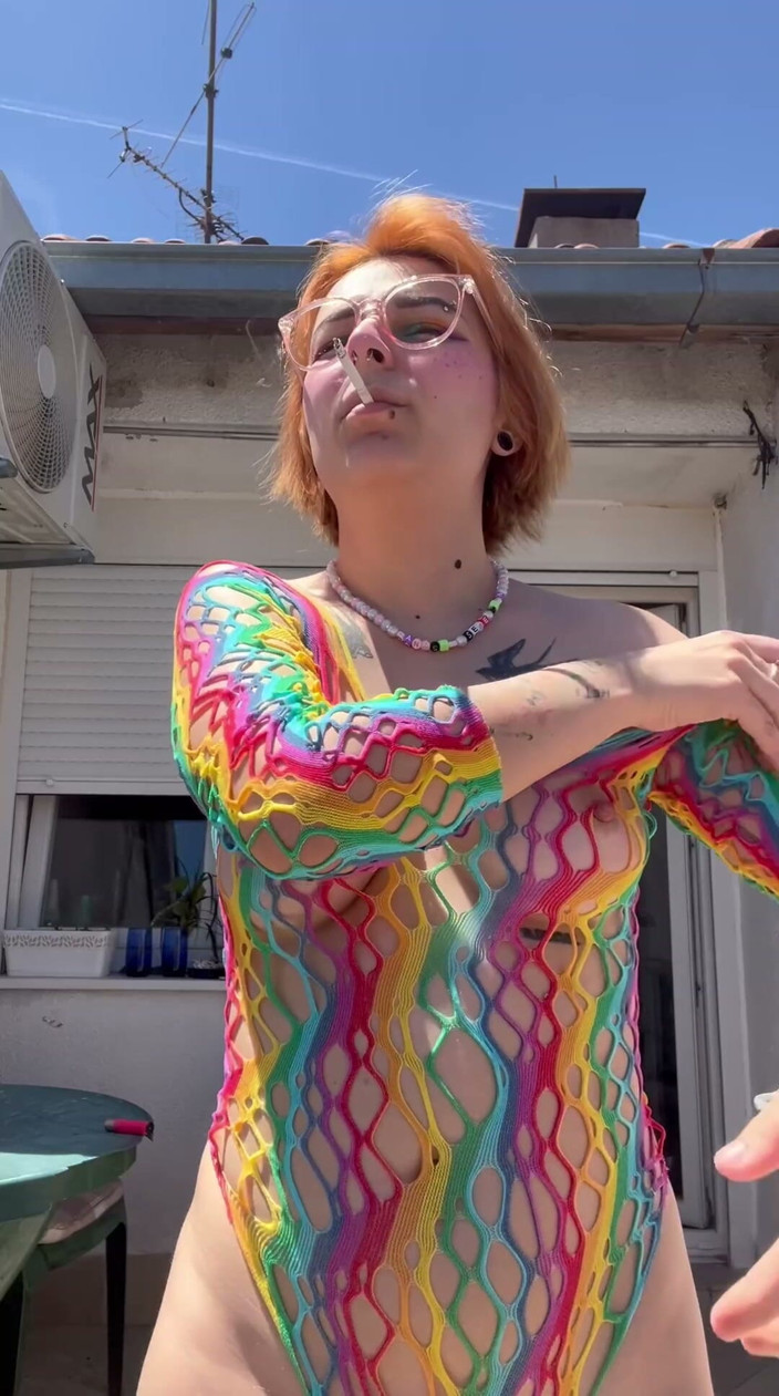 lanalovacutie: Smoking in a Rainbow Fishnet on the Balcony