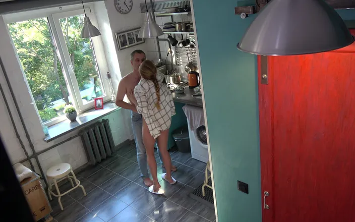 Dirty fantasy: Blonde Teen Sucks Her Stepdad in the Kitchen