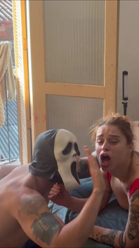 Mask Invades Tattooed Redhead: Rough Blowjob, Slap in the Face and Cum on the Face