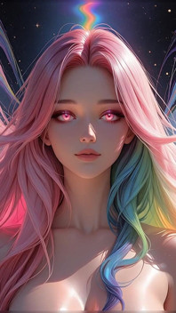Bellezza cosmica arcobaleno con incandescenti occhi rosa fantasy ritratto ai art presentazione