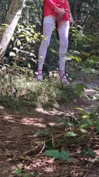 Outdoor Exhibition In The Woods Pink Heels White Stockings And Latex Mini Skirt