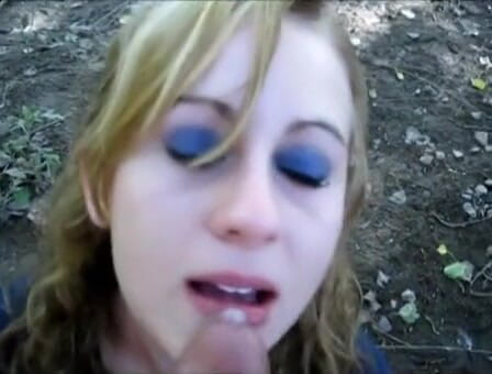 Femdom Sex: Blonde amateur slut gives horny blowjob outdoor with facial