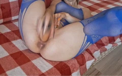 Masturbation with Dildo in Blue Bodystockings