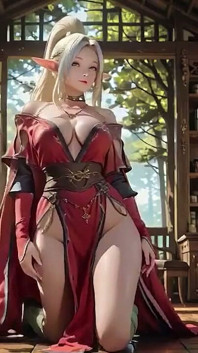 Red Robe Elf Sorceress! dhoop se sane jangal ki chhat, ghutne tekakar takatki lagaana jo aapko turant pighla deti hai
