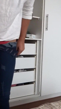 After Urinating, the Stepmother Puts on Very Tight Jeans, Revealing Her Panties