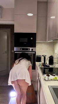 Big Tits Big Ass Hot and Cute Beautiful New Wife Takes Her G-string off to Flash Her Tight Shaved Pussy in the Kitchen