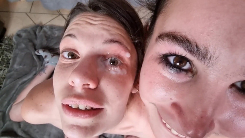 domslutfucker: FFM Threesome Handjob Cum in Eye, Licking Cum Out of...