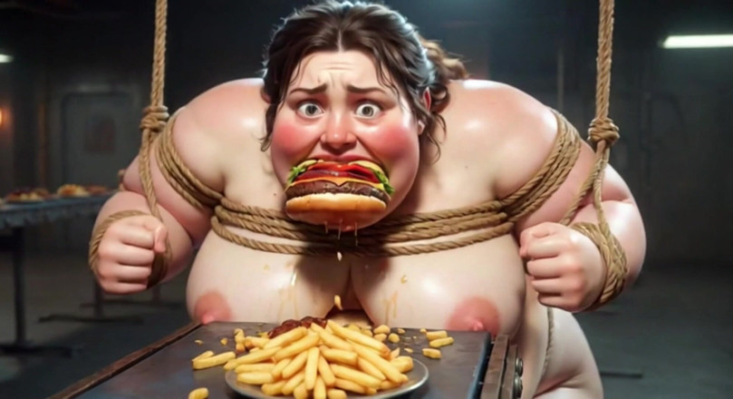 YOUR BEST FANTASY: Tied up SSBBW Eats Massive Meal While Kneeling - Belly Stuffing
