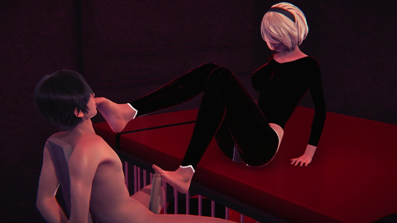 Waifu club 3D: 2b trabajando con el pie de tu polla mientras estás...