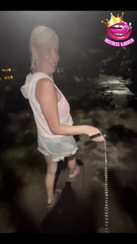 Late Night Stroll with My Locked Chastity Subs Caged Cock Exposed and on a Leash