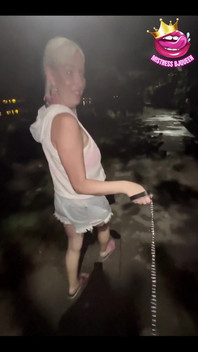 Late Night Stroll with My Locked Chastity Subs Caged Cock Exposed and on a Leash