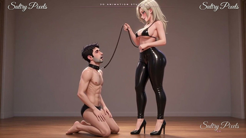 Sultry Pixels 3D: 背の高いラテックスブロンドが首輪の男をリードで導く - 口を踏み出す