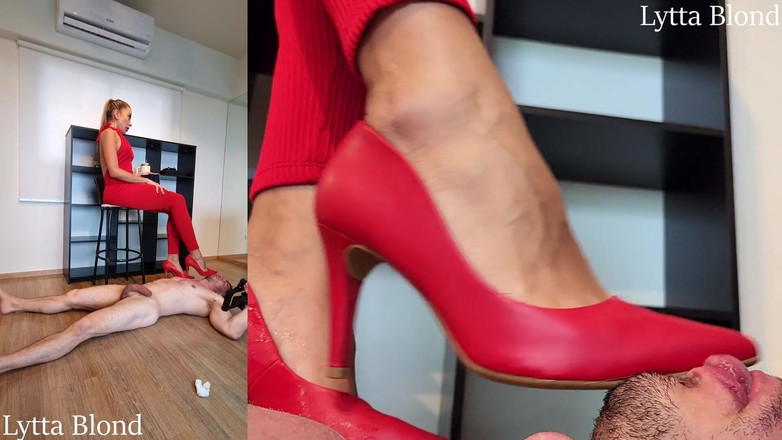 Queen Lytta ballbusting and cum lick: Lytta blonde hoge hakken vertrappen met voetenbeurt CBT en sperma...