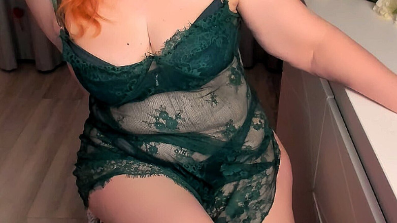 Almaz FireFox: Mature Redhead Lady 50+ Striptease in Transparent Emerald Dress