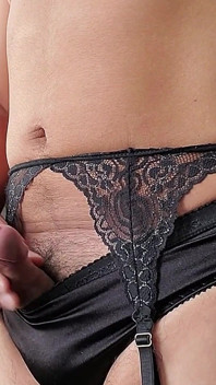 Modeling and Cuming in Black Satin Briefs