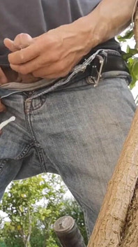 Hiding Outside Behind a Tree to Jerkoff with Huge Cumshot