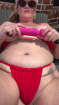 Solo Masturbation in Red Bikini by Pool