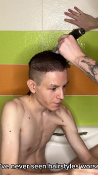 Alex Cuts Naked Evgeny's Hair in the Bathtub!