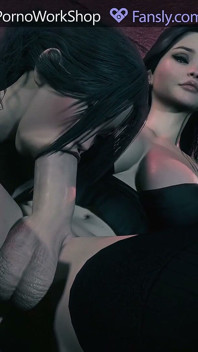 Futanari asiatique en bas noirs. Sexe torride avec gorge profonde.