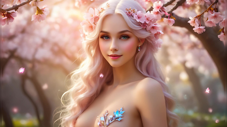 LustRender: Una donna nuda sorridente che tiene in mano cherry blossom,...