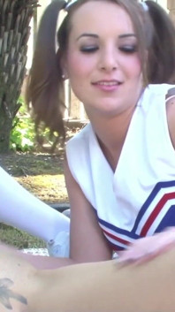 Cheerleaders Jenna Rose and Lilly Evans in outdoor lesbian action