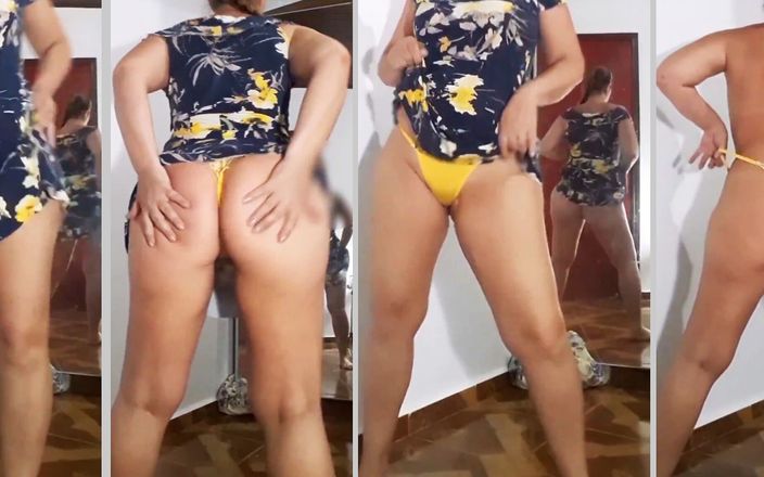 Mirelladelicia striptease: 섹시한 스트립쇼, 파란색 드레스와 노란색 팬티