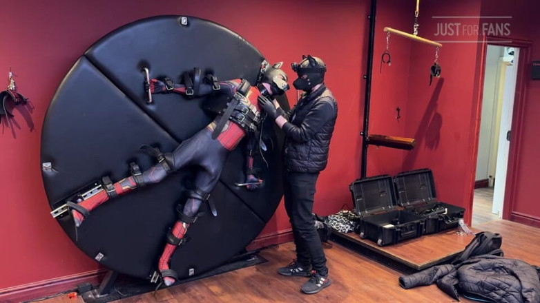 Inmate Cody and SubEdgeX: Pup Twink Dressed as Spider-man Strapped to the Bondage Wheel...
