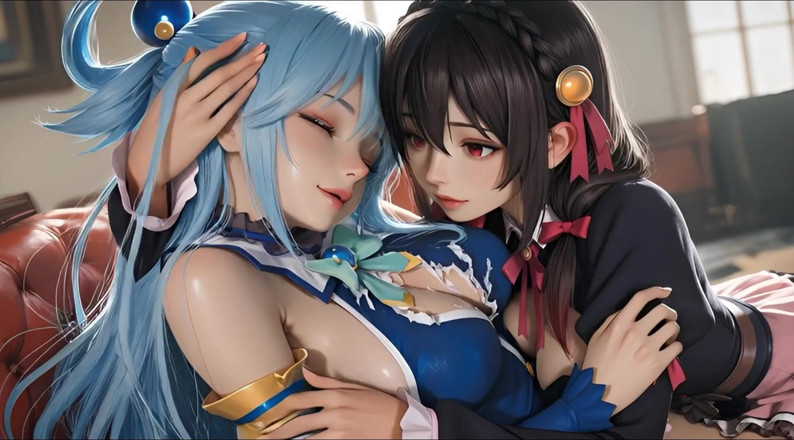 Iani media: 来自konosuba的sfw aqua和yunyun软表演触摸和亲吻女同性恋
