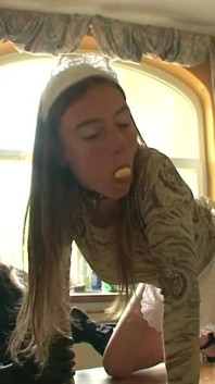 Humiliating banana and hand in the red pussy