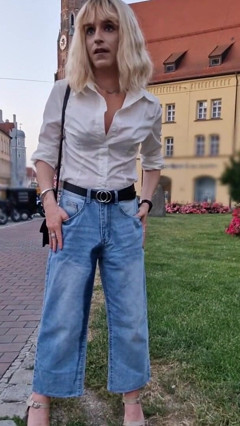 Public Wetting in the Middle of the City! Tranny Walking with Wet Jeans!