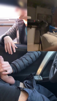 駐車場でオナニーをする彼女は私の硬いチンポを見るのを止めることができません