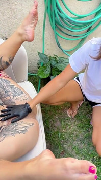 Kinky Mary Fists Her Tattooed Friend Outdoors and Drinks Piss on Her Knees