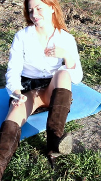 Skinny Readhead Smoking and Laughing Outdoor While Touching Her Pussy Trough Pantyhose