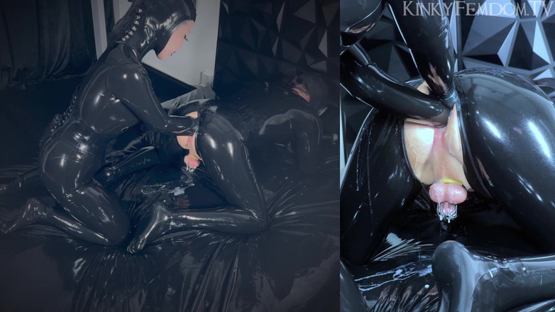 KinkyFemdomTV: Masque à gaz en latex, double fisting anal