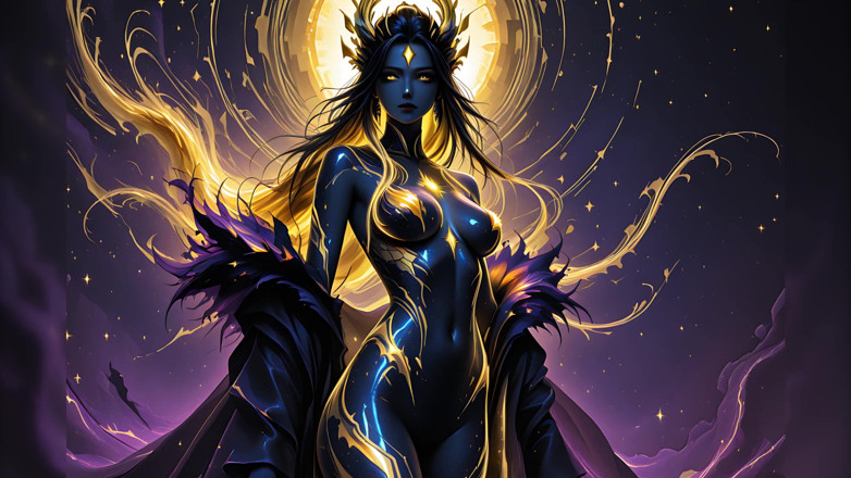 LustRender: Bela imperatriz nua com Crystalline Golden Braided Body