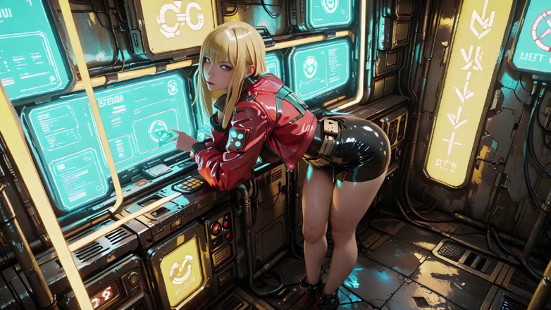 Seraphina Vale: ネオンの雨に輝く赤いレザージャケット、鎧を破る跪くポーズ