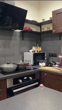 Mouillée à la suite du nettoyage, affamée de cuisine, coquine après avoir mangé