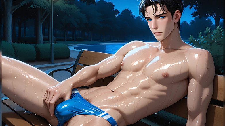 LustMen: Swim Team Captain Solo Slow Strokes on Park Bench at...