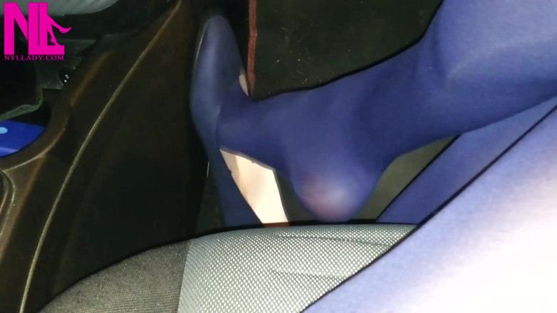Nyllady: Dangling in Blue Pantyhose and Blue Flats on a Gas...