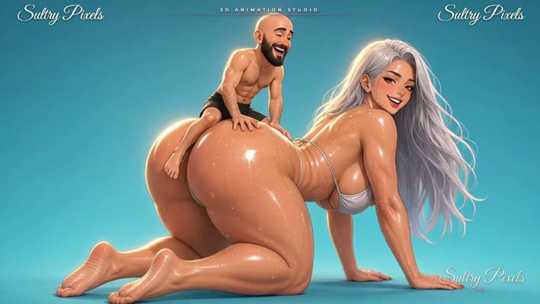 Sultry Pixels 3D: Stříbrovlasá Anime Obryně na všech čtyřech dává svému drobnému muži jízdu...