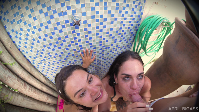 April BigAss: Outdoor Shower FFM, Two Mouths and a Golden Shower