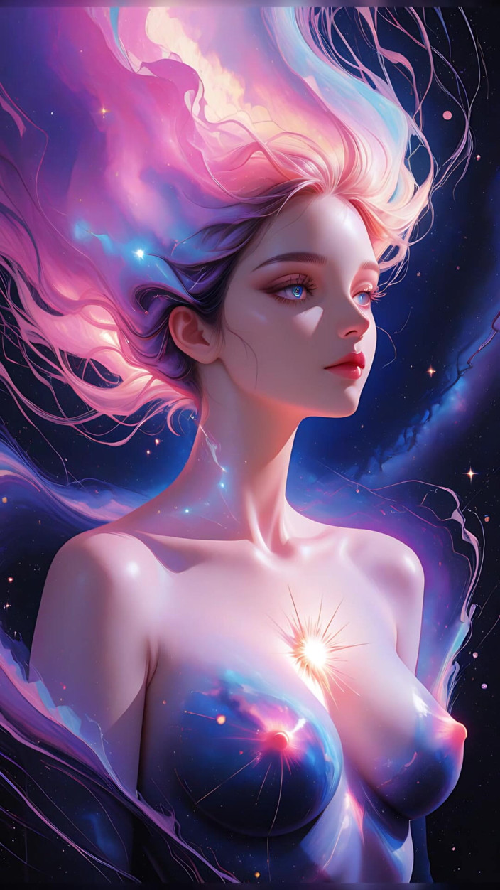 VelvetInk Studio: Déesse cosmique des rêves, une femme nue flottant dans un...