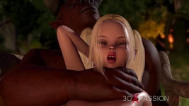 Minotaur rucha twarde piękne młode wróżki w tajemniczym magicznym lesie