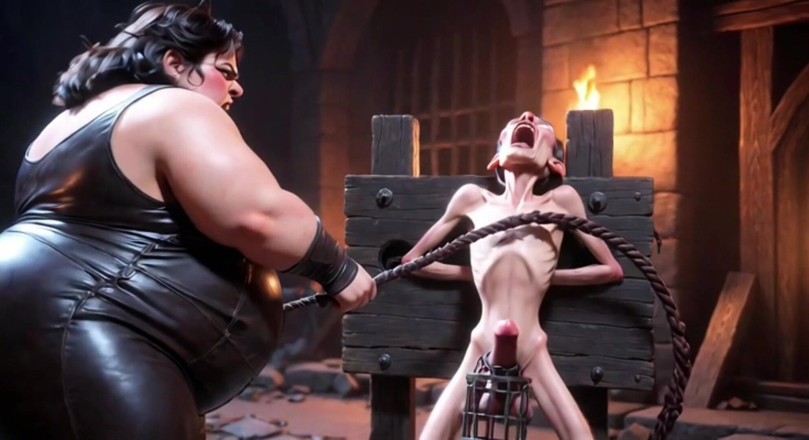 Anime Hentai: Ponížení CBT - bbw paní bičuje zamčeného otroka