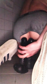Public Toilet, Two Dildos Horny Ridden