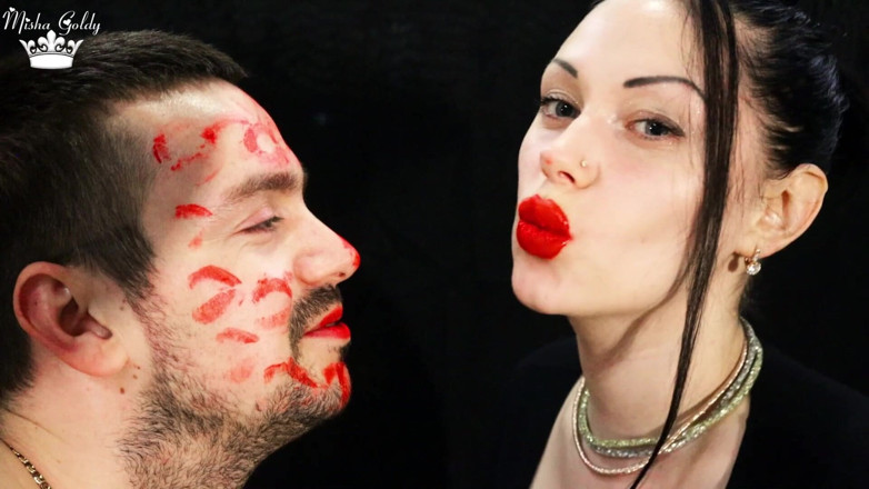 Goddess Misha Goldy: Covering Alex face with red lipsticks kisses